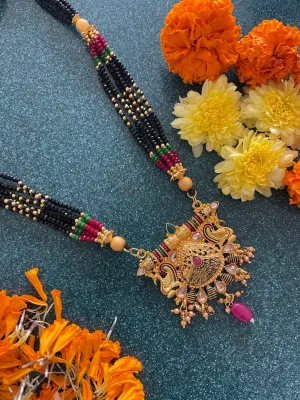 Short Mangalsutra Designs heavy gold mangalsutra Peacock design multicolor Crystal black beads chain