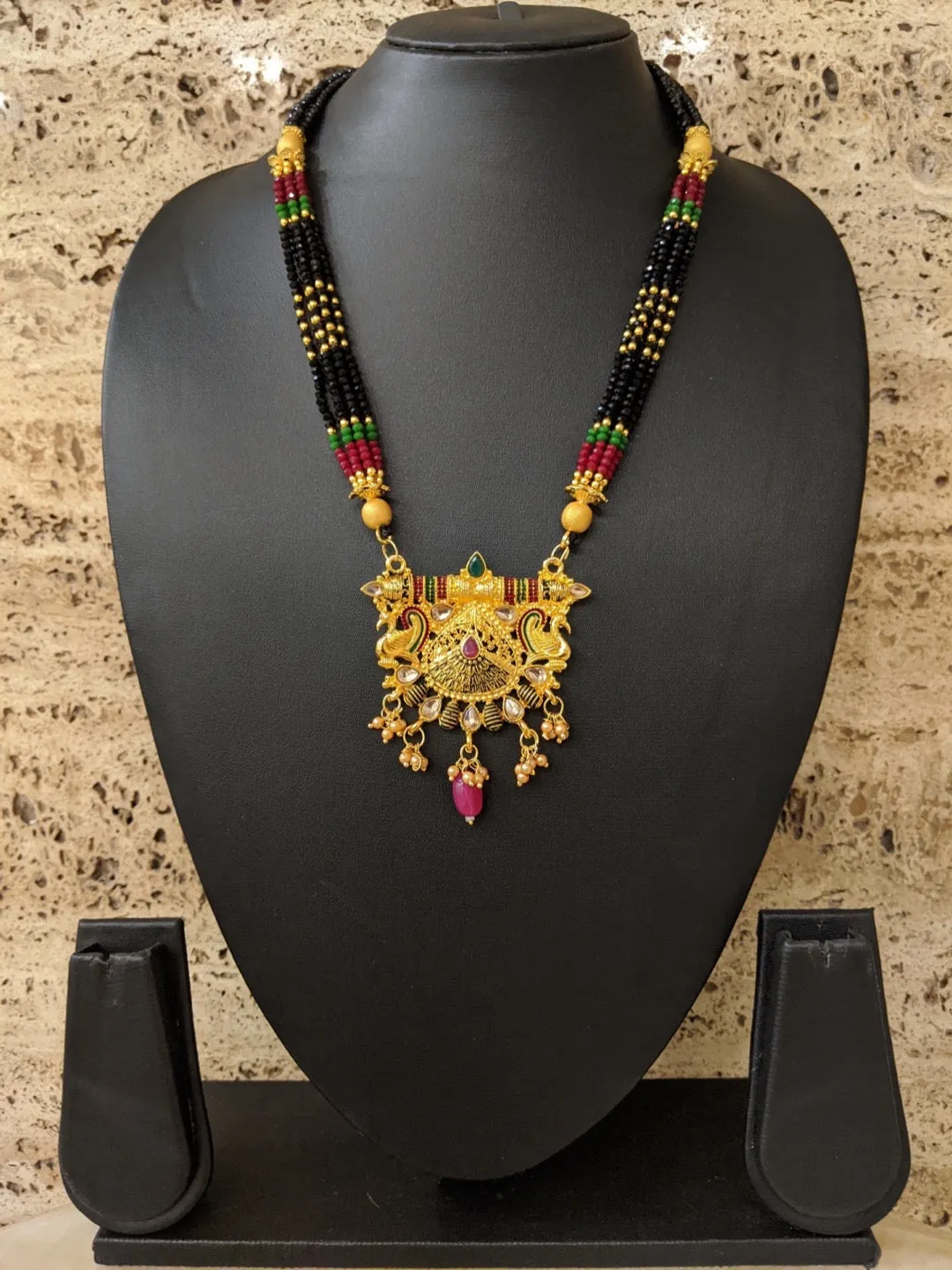 Short Mangalsutra Designs heavy gold mangalsutra Peacock design multicolor Crystal black beads chain