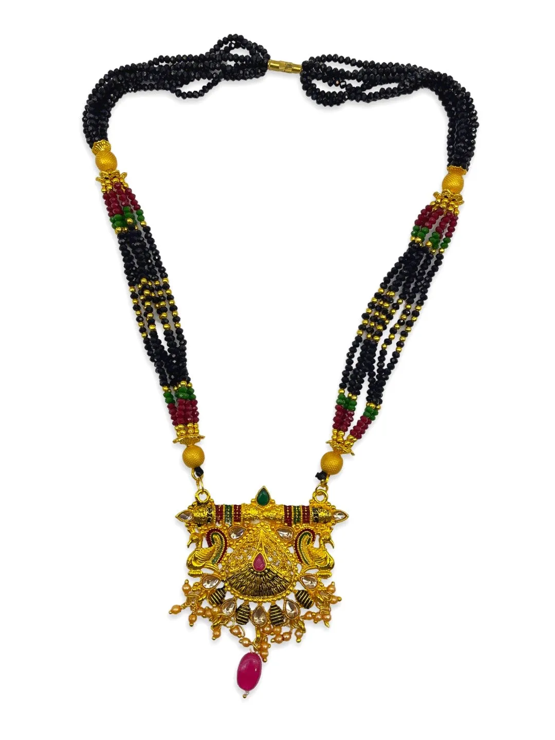 Short Mangalsutra Designs heavy gold mangalsutra Peacock design multicolor Crystal black beads chain