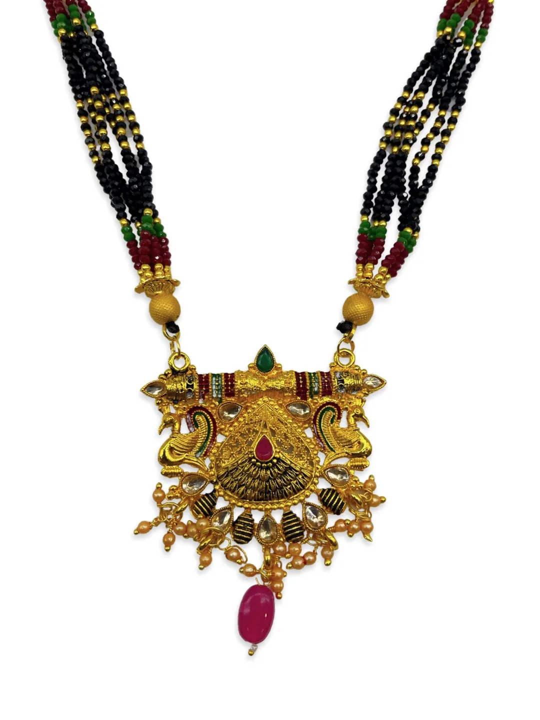 Short Mangalsutra Designs heavy gold mangalsutra Peacock design multicolor Crystal black beads chain
