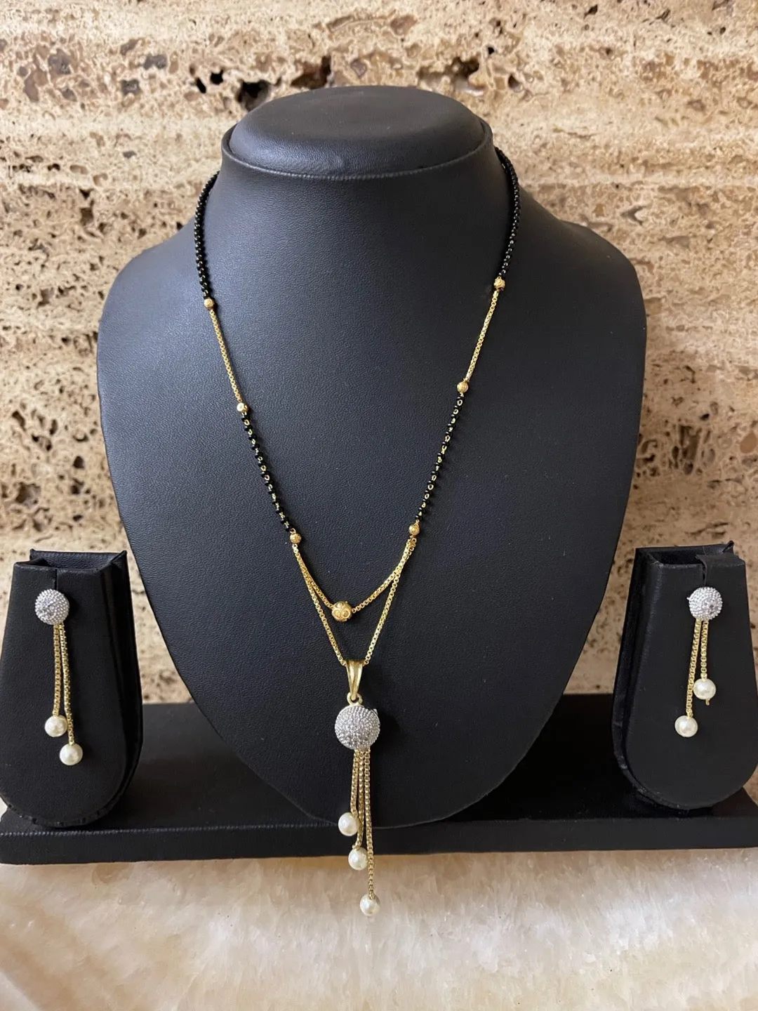 Short Mangalsutra Designs set with earrings gold diamond mangalsutra black beads chain