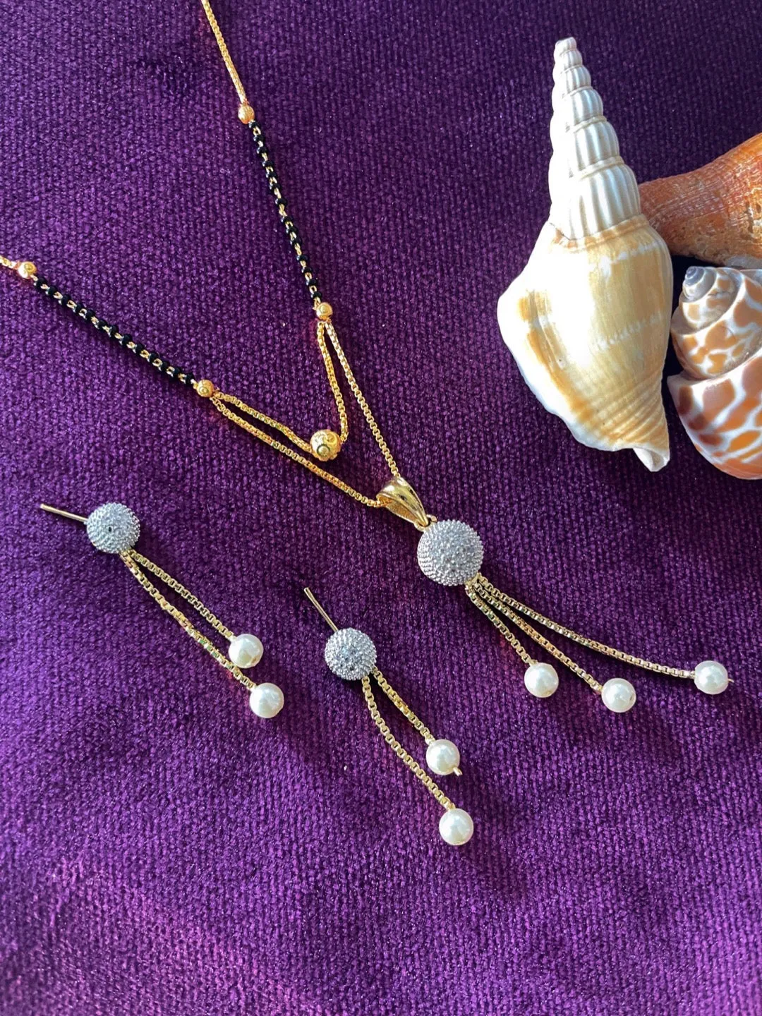 Short Mangalsutra Designs set with earrings gold diamond mangalsutra black beads chain