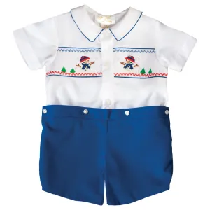 Snowman White / Royal Blue Smocked Button-On Short Set