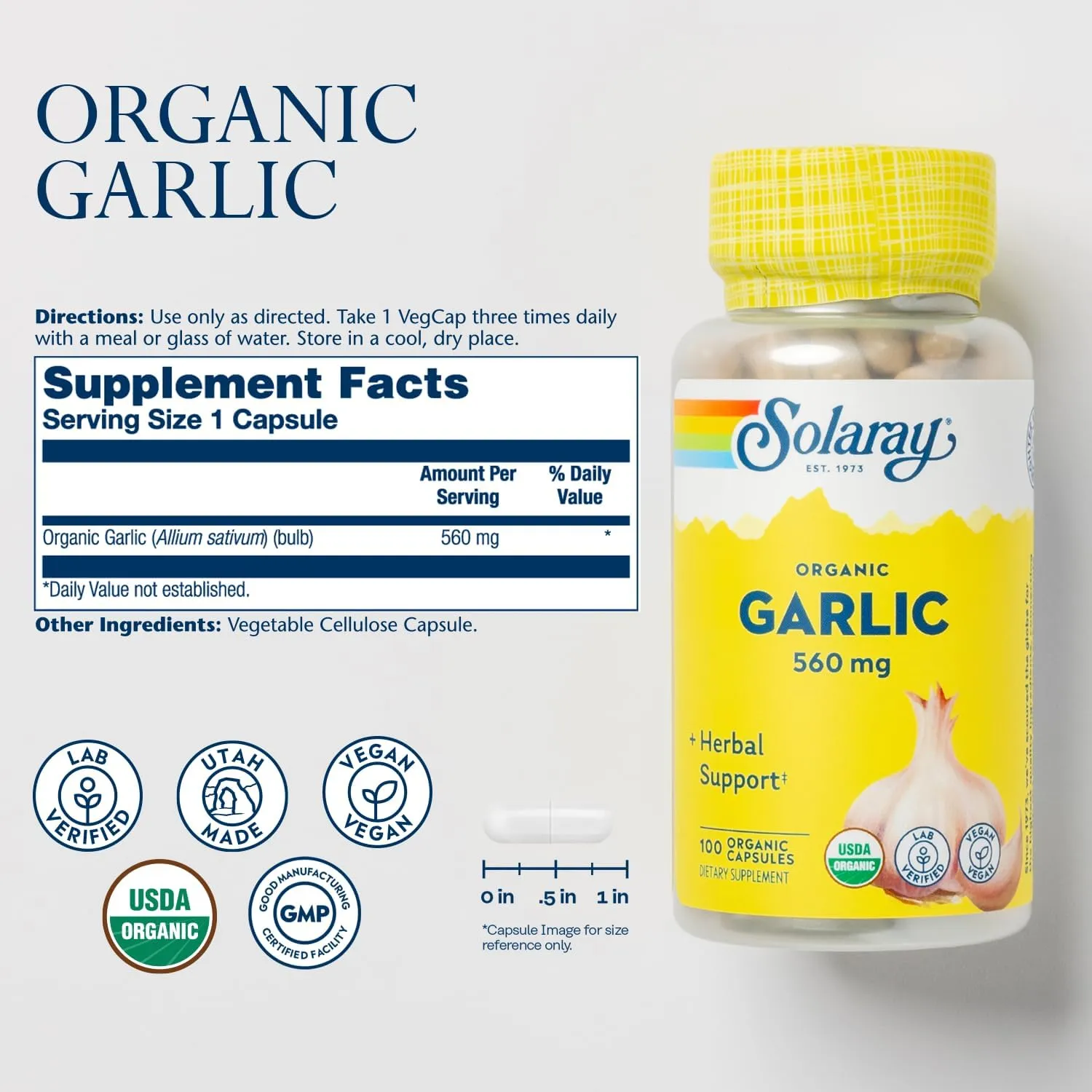 Solaray Garlic Bulb 600mg | Healthy Immune, Circulatory & Cardiovascular Systems Support | Vegan & Non-GMO | 100 VegCaps