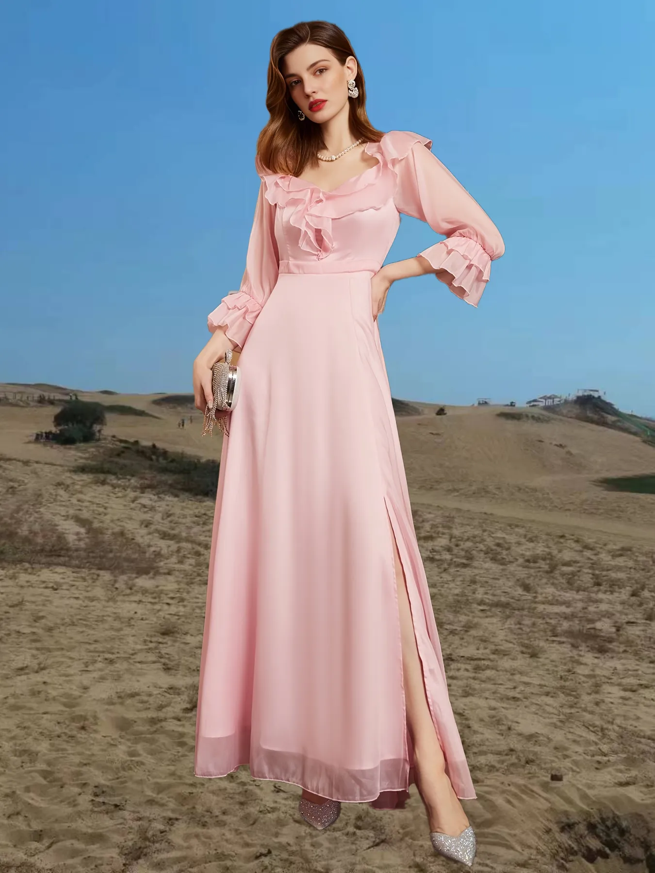 Valentine's Day Square Collar Solid Party Dress, Ruffles Elegant Formal Evening Prom Dress, Women's Clothing