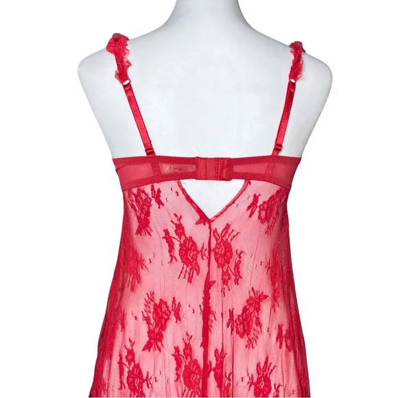 Vintage Y2K Coquette Red Sheer Lace Valentine’s Slip Dress. S/M. Babydoll Bow