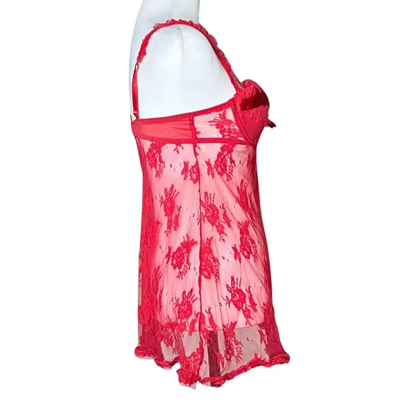 Vintage Y2K Coquette Red Sheer Lace Valentine’s Slip Dress. S/M. Babydoll Bow