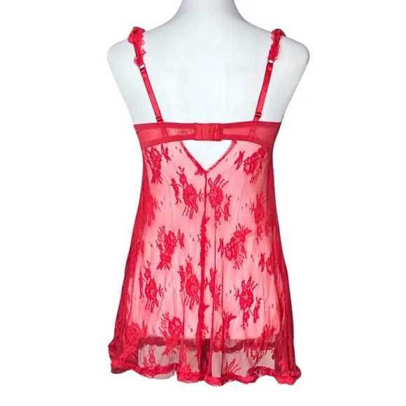 Vintage Y2K Coquette Red Sheer Lace Valentine’s Slip Dress. S/M. Babydoll Bow