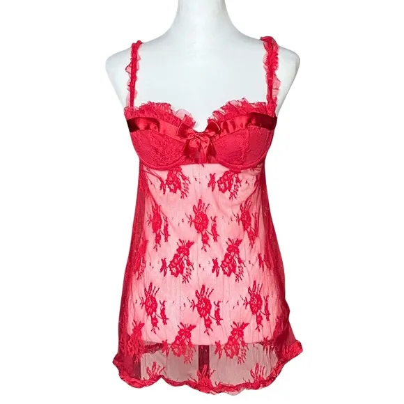 Vintage Y2K Coquette Red Sheer Lace Valentine’s Slip Dress. S/M. Babydoll Bow