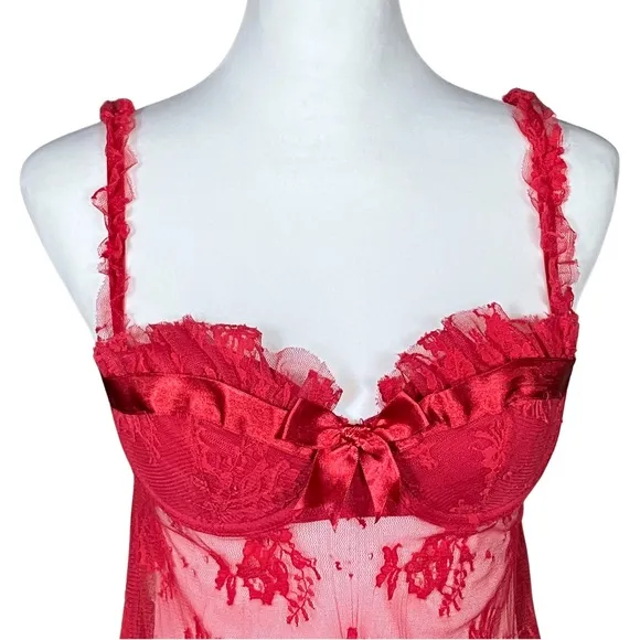 Vintage Y2K Coquette Red Sheer Lace Valentine’s Slip Dress. S/M. Babydoll Bow