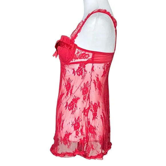 Vintage Y2K Coquette Red Sheer Lace Valentine’s Slip Dress. S/M. Babydoll Bow