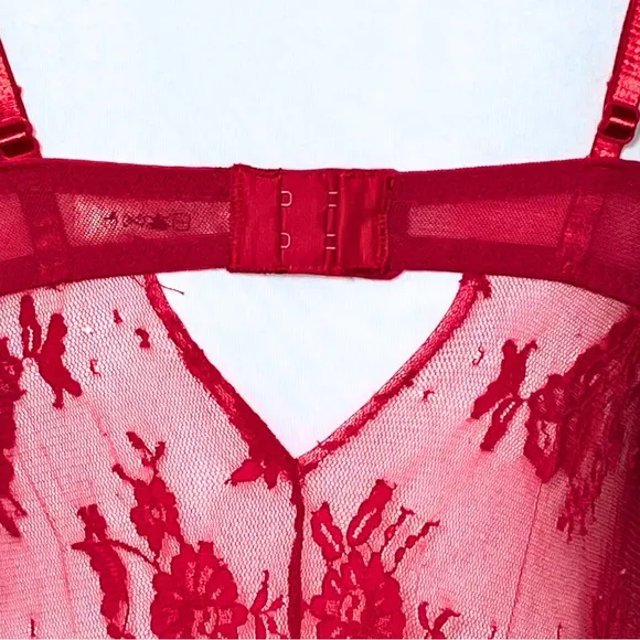 Vintage Y2K Coquette Red Sheer Lace Valentine’s Slip Dress. S/M. Babydoll Bow
