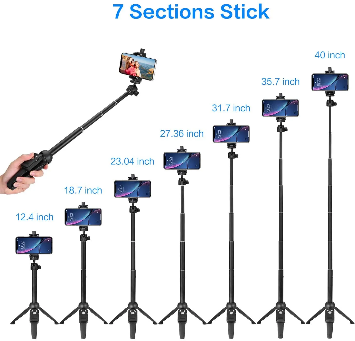 Wevon Selfie Stick Tripod, 40 inch Extendable Phone Tripod with Bluetooth Remote Compatible with iPhone 11 Pro Xs Max Xr X 8 7 Plus, Android, Samsung Galaxy S20 S10 S9 S8  Note 10 9 8, Huawei and More, Lightweight