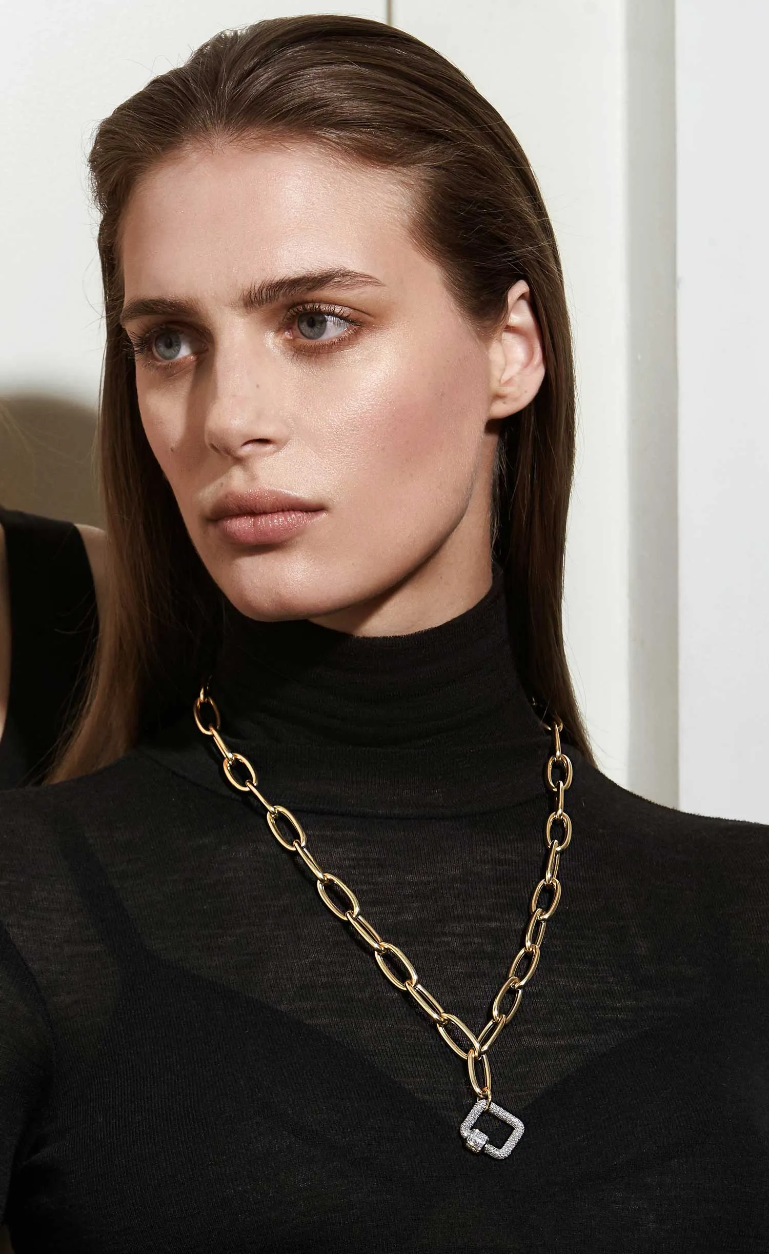 White Pave Square & Oval Carabiner on Chain Necklace
