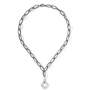 White Pave Square & Oval Carabiner on Chain Necklace