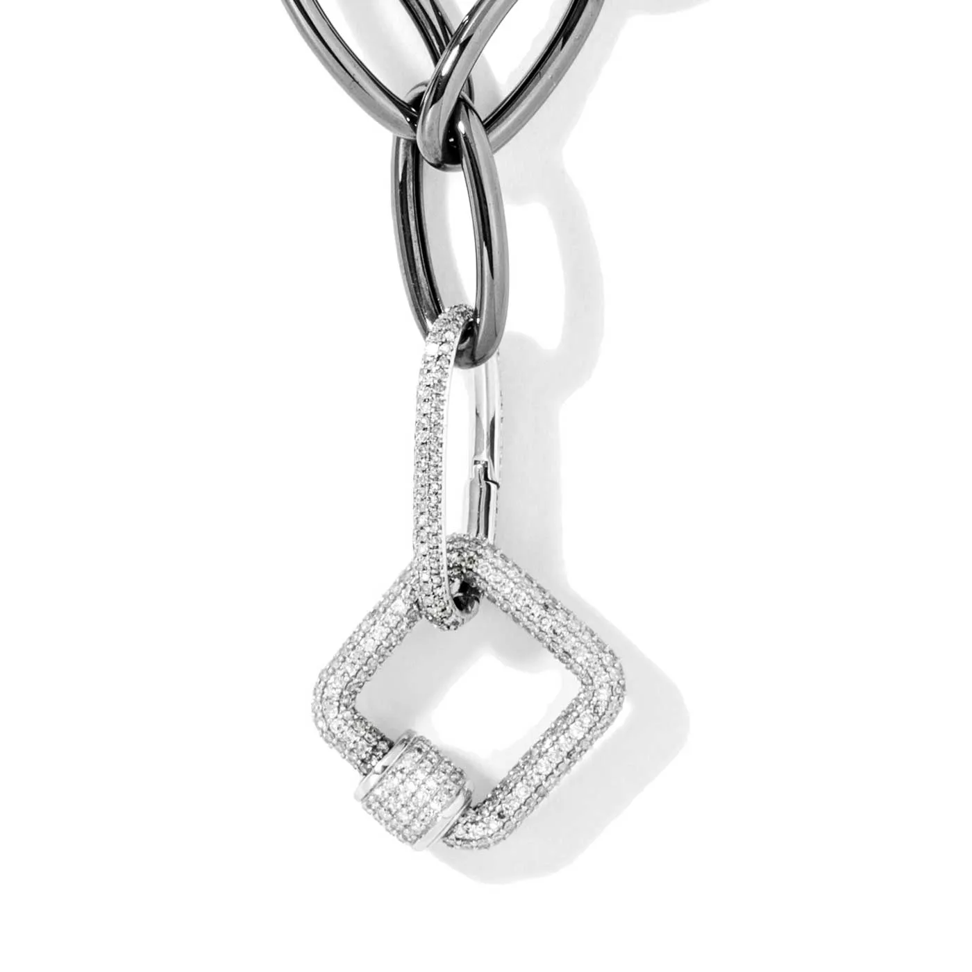 White Pave Square & Oval Carabiner on Chain Necklace