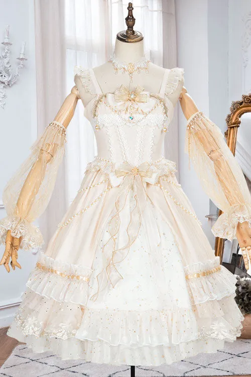 White Starry Night Square Collar Bowknot Multi-Layer Ruffled Cardigan Sweet Lolita JSK Dress