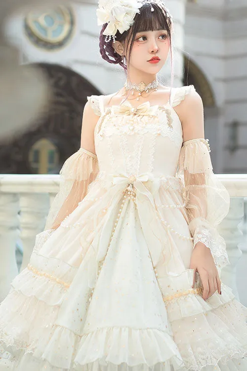 White Starry Night Square Collar Bowknot Multi-Layer Ruffled Cardigan Sweet Lolita JSK Dress