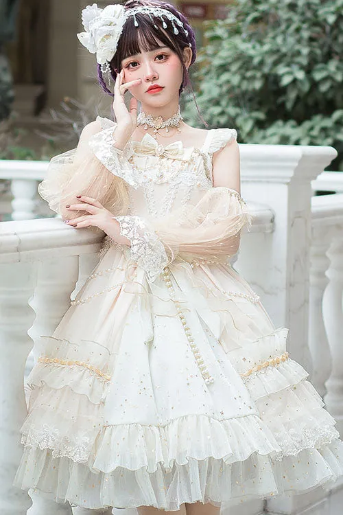 White Starry Night Square Collar Bowknot Multi-Layer Ruffled Cardigan Sweet Lolita JSK Dress