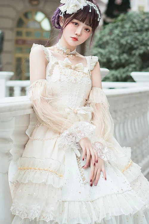 White Starry Night Square Collar Bowknot Multi-Layer Ruffled Cardigan Sweet Lolita JSK Dress