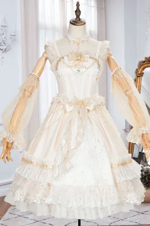White Starry Night Square Collar Bowknot Multi-Layer Ruffled Cardigan Sweet Lolita JSK Dress