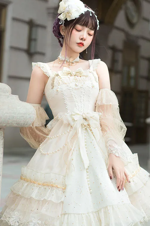 White Starry Night Square Collar Bowknot Multi-Layer Ruffled Cardigan Sweet Lolita JSK Dress