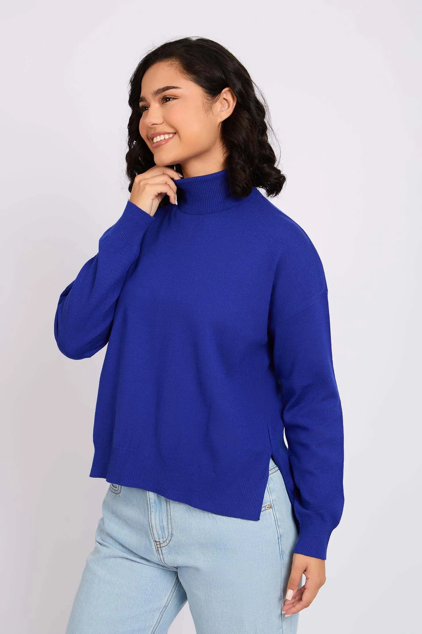 Women Pullover  High Neck Blue