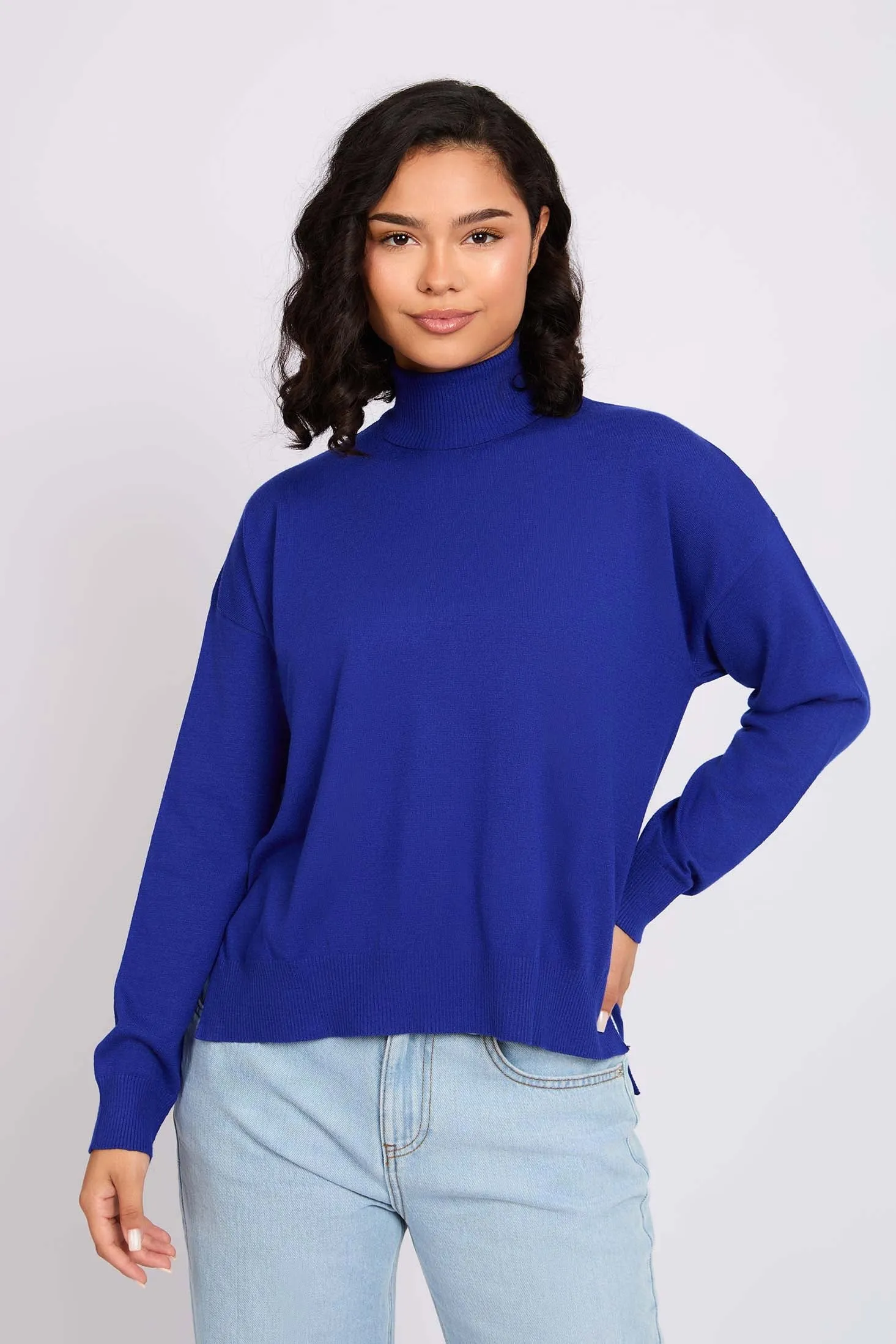 Women Pullover  High Neck Blue