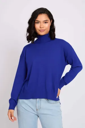 Women Pullover  High Neck Blue