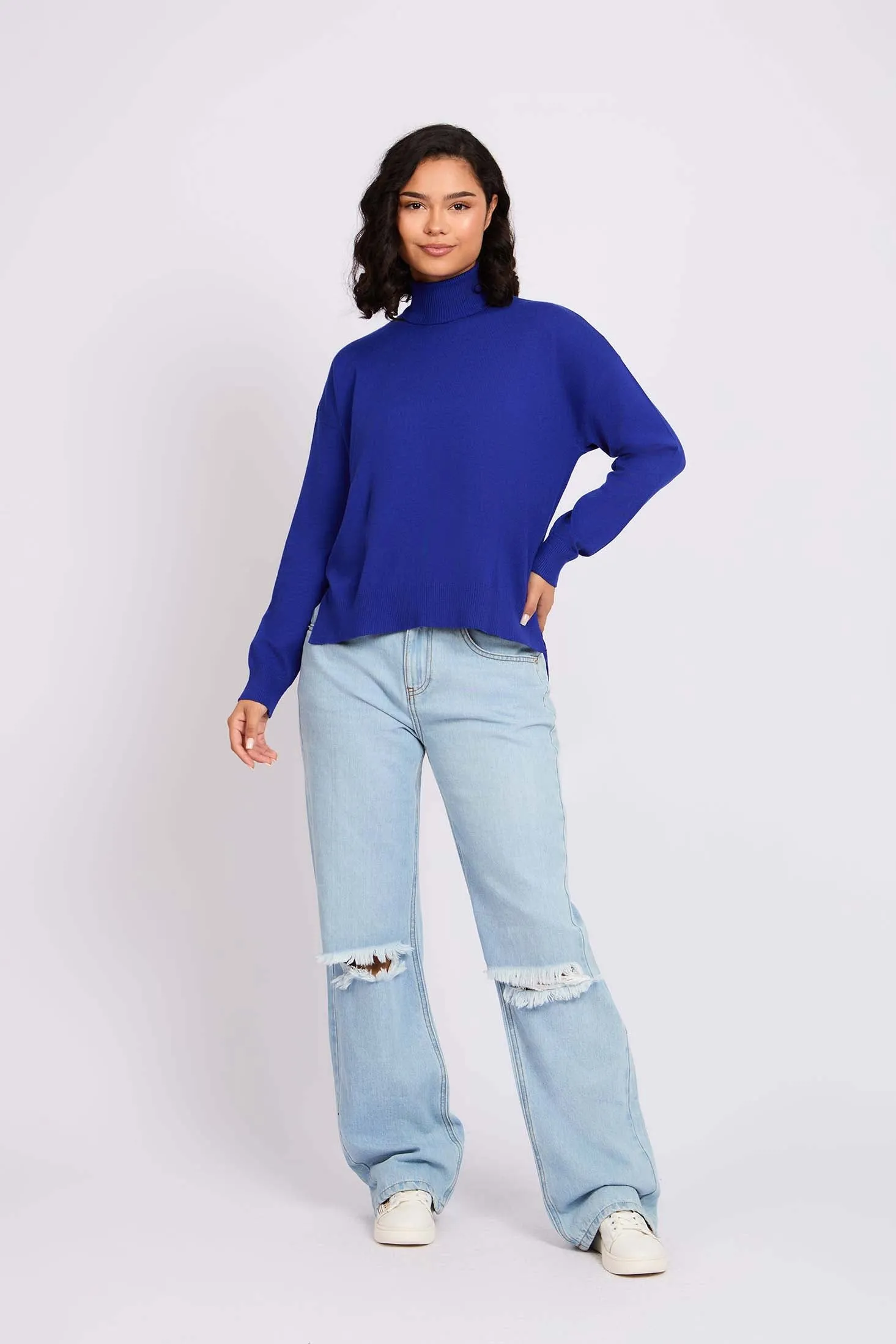 Women Pullover  High Neck Blue