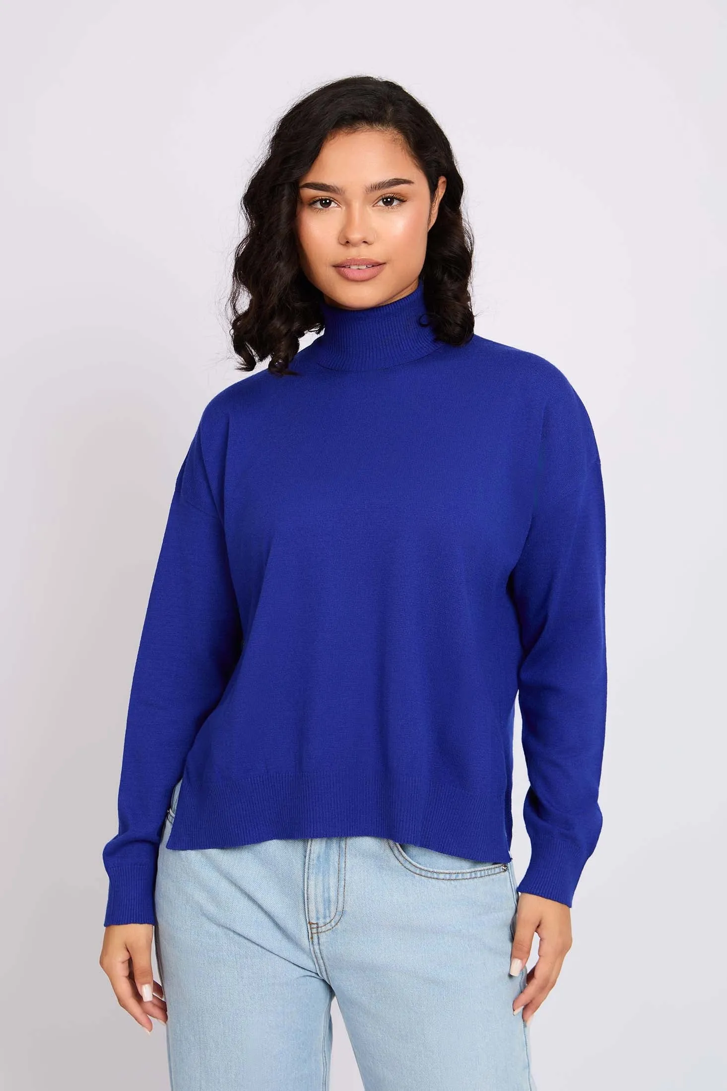 Women Pullover  High Neck Blue