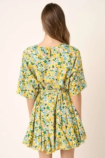 Yellow Combo Floral Tie Waist Half Sleeve Mini Dress