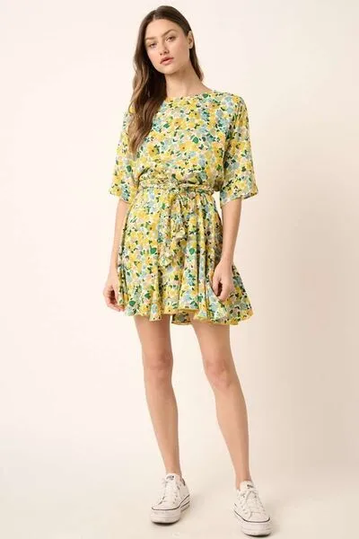Yellow Combo Floral Tie Waist Half Sleeve Mini Dress