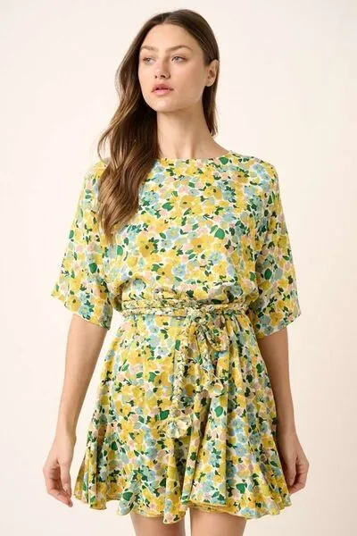 Yellow Combo Floral Tie Waist Half Sleeve Mini Dress