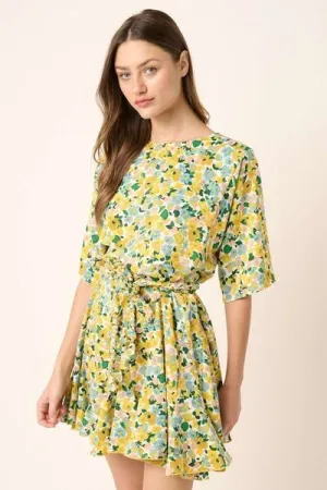 Yellow Combo Floral Tie Waist Half Sleeve Mini Dress
