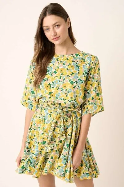 Yellow Combo Floral Tie Waist Half Sleeve Mini Dress